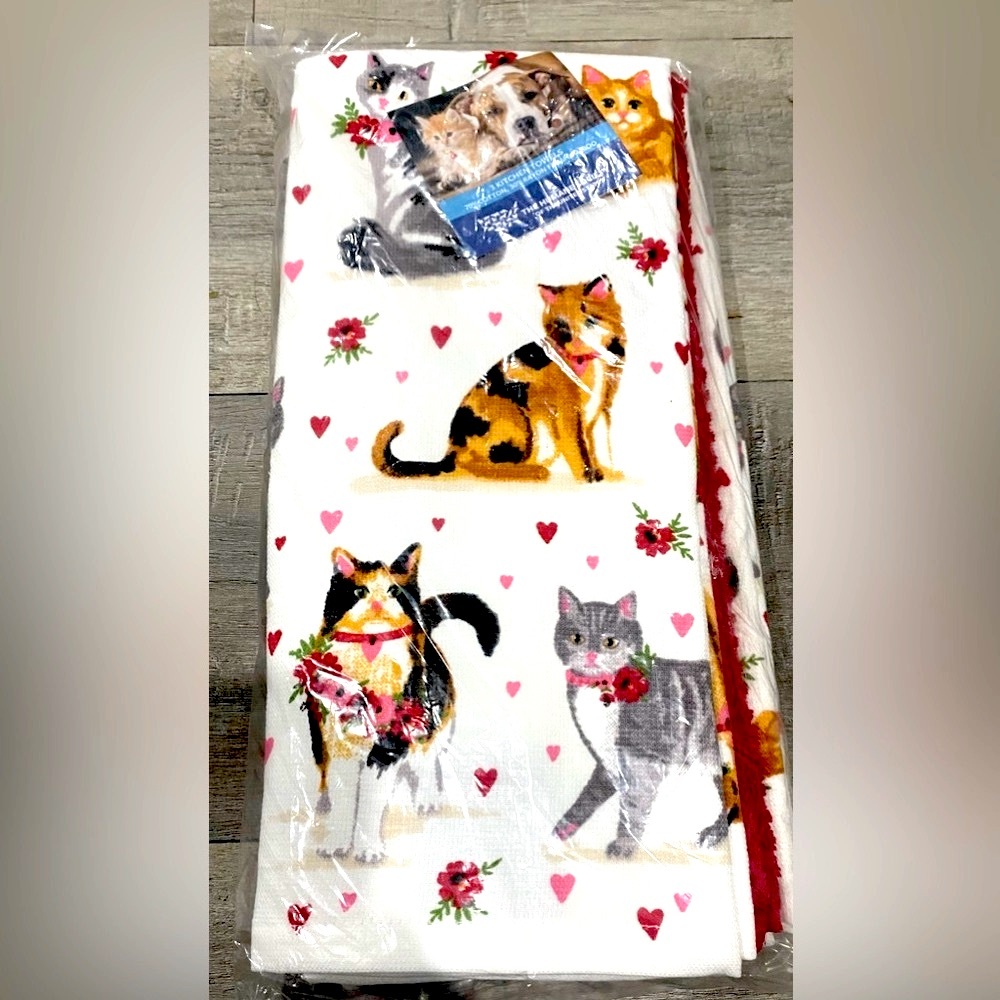 Humane Society Cats Kittens Pets Floral Hearts White Red Kitchen Towel Set of 3